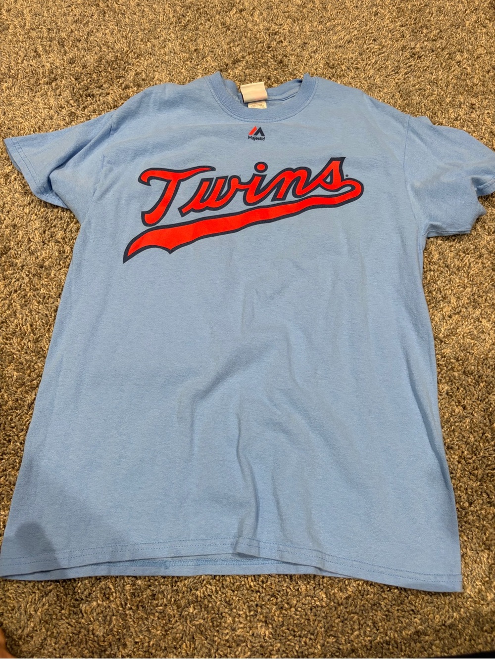 Majestic Twins Script Tee in Light Blue with Red Logo
